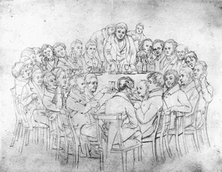Preliminary drawing for the group caricature, 'The Fraserians', by Daniel Maclise, 1835