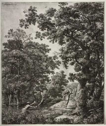 Six large upright landscapes with scenes from Ovid's Metamorphoses: Alpheus and Arethusa, by Antonie Waterloo, 1665