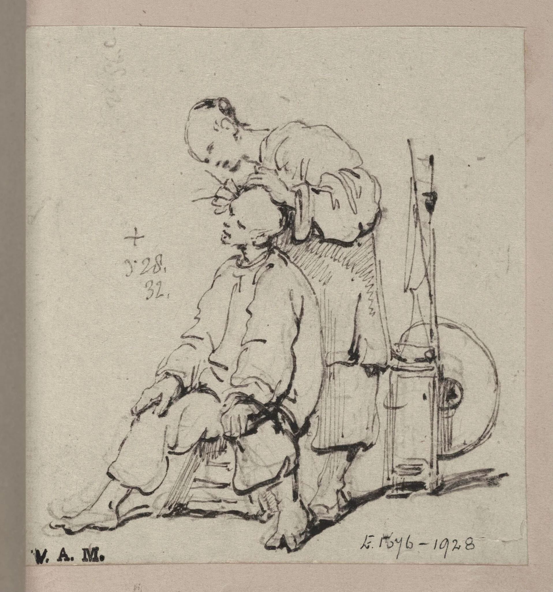 A Chinese barber attending to his customer, detail