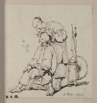 A Chinese barber attending to his customer, by George Chinnery, 16