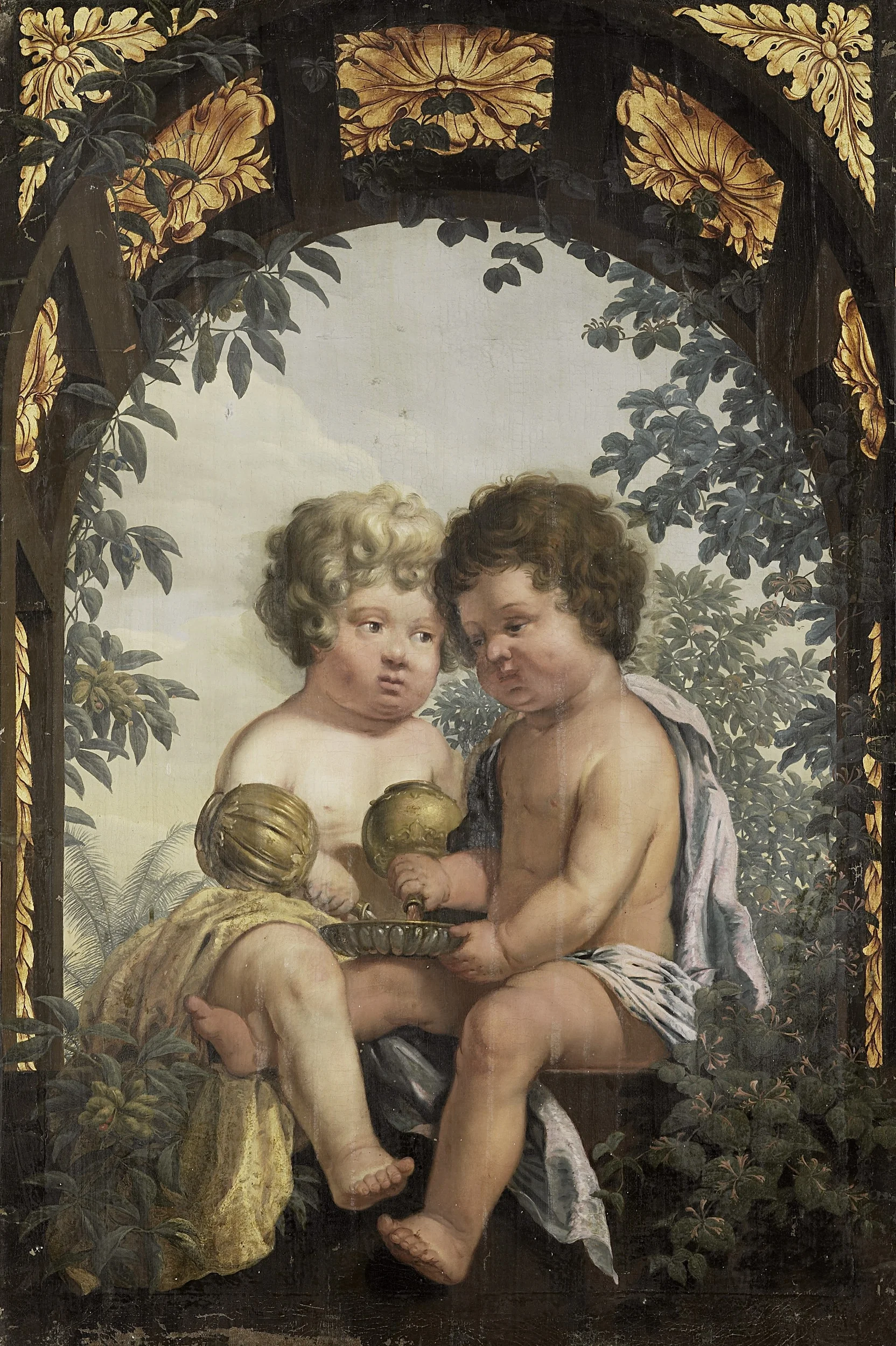 Christian Allegory with two Children both Pouring from a Carafe into a Bowl, detail