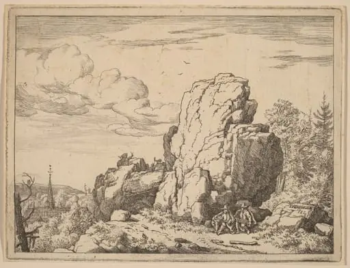 Two Men Seated at the Foot of a High Rock, by Allart van Everdingen, ink, 1650