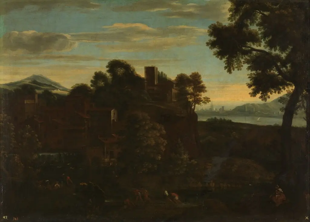 Paisaje con barcos, pescadores y la Huida a Egipto, by Giovanni Francesco Grimaldi, oil, 1601