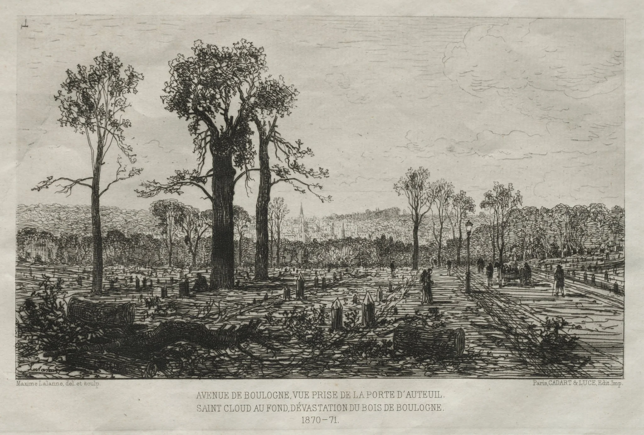 Souvenirs artistiques du Siége du Paris: Avenue de Boulogne, Vue Prise de la porte d'Auteuil, St. Cloud au fond, Dévastation du Bois de Boulogne, detail
