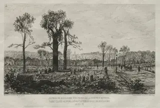 Souvenirs artistiques du Siége du Paris: Avenue de Boulogne, Vue Prise de la porte d'Auteuil, St. Cloud au fond, Dévastation du Bois de Boulogne, by Maxime Lalanne, 1880