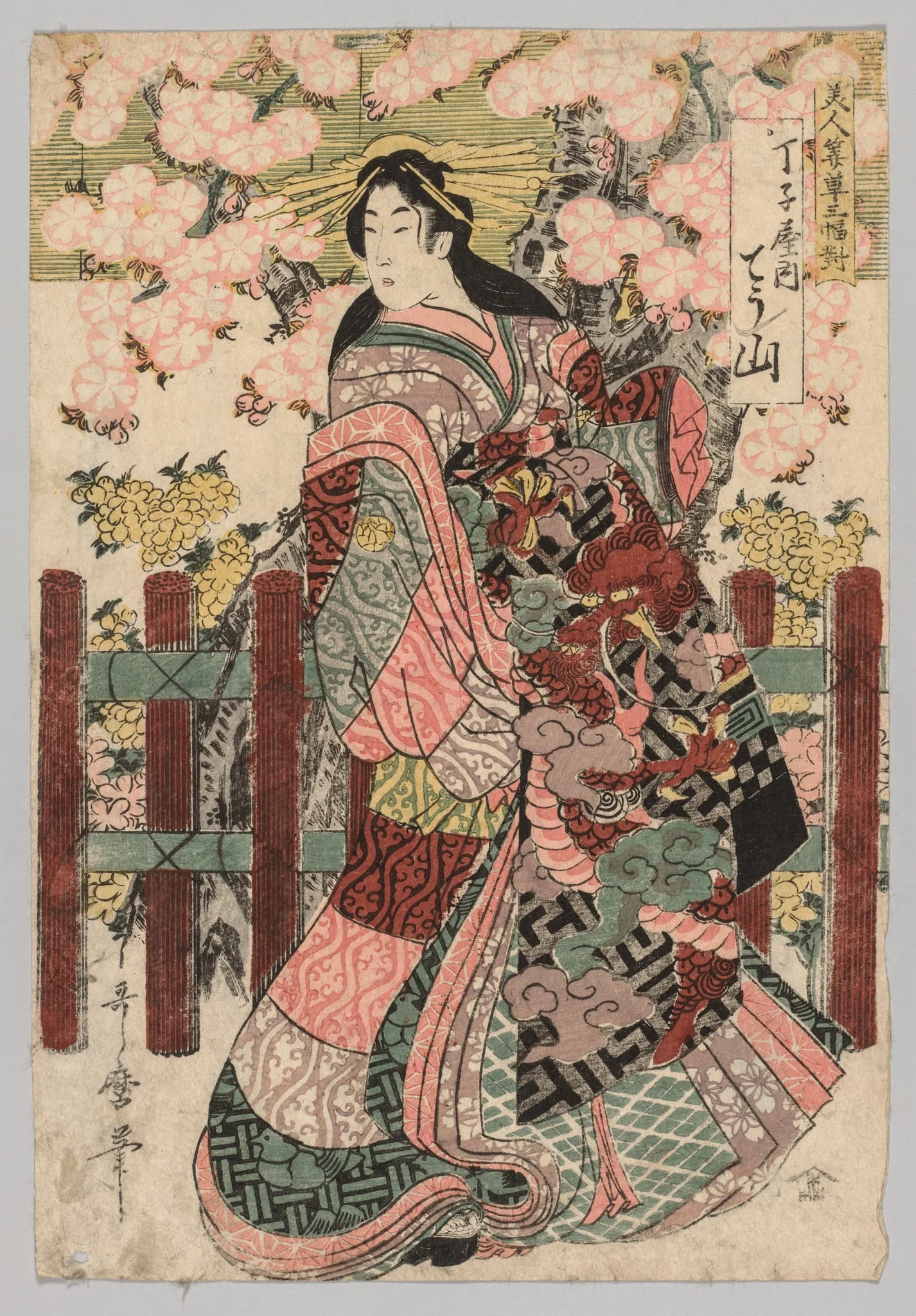 Chōzan of Chōjiya from the series Triptych of Beauties Before Blinds, detail