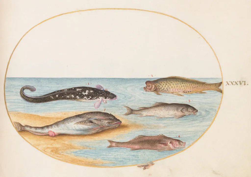 Plate 36: Five Fish, Including Carp(?), by Joris Hoefnagel, gouache, 1594