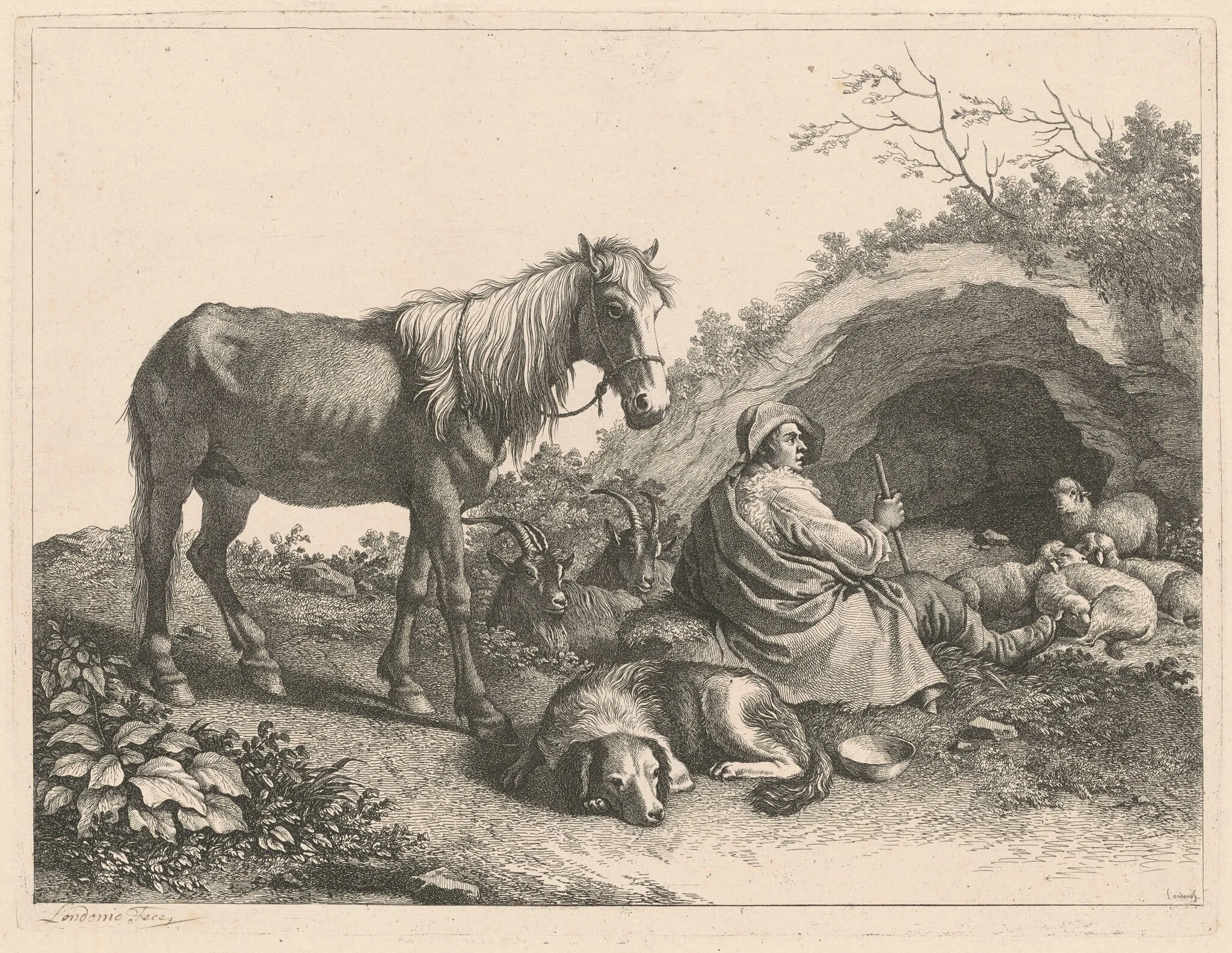 Seated Shepherd with Horse, Dog, Goats and Sheep, detail
