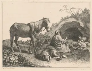 Seated Shepherd with Horse, Dog, Goats and Sheep, by Francesco Londonio, ink, 1776