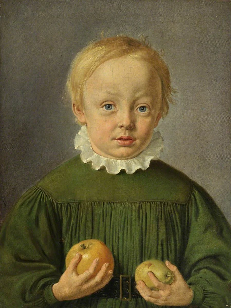 Boy holding an Apple and a Pear, detail