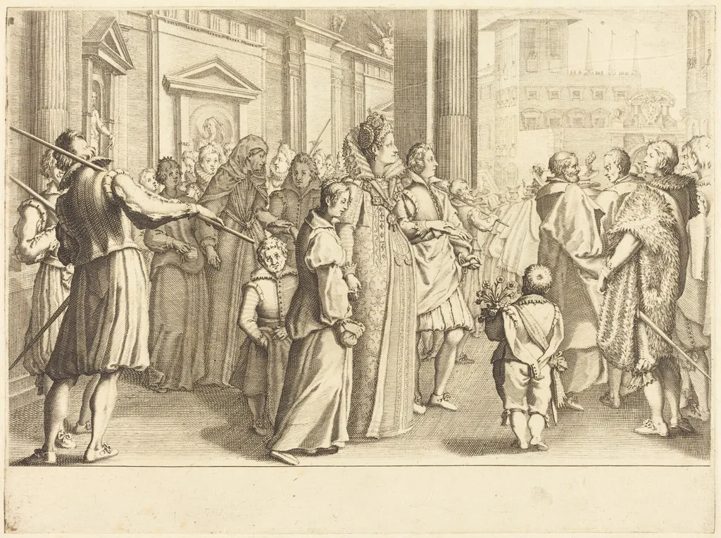 Grand Duchess at the Procession of the Young Girls, by Jacques Callot, ink, 1614
