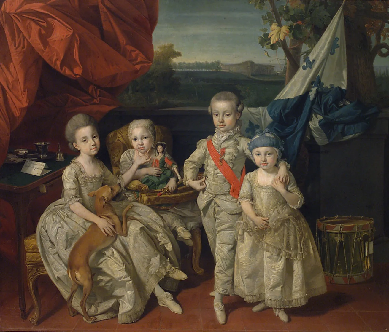 Prinz Ludwig von Parma (1773-1803) mit seinen drei ältesten Geschwistern Karoline (1770-1804), Marie Antonie (1774-1841) und Charlotte (1777-1813), detail