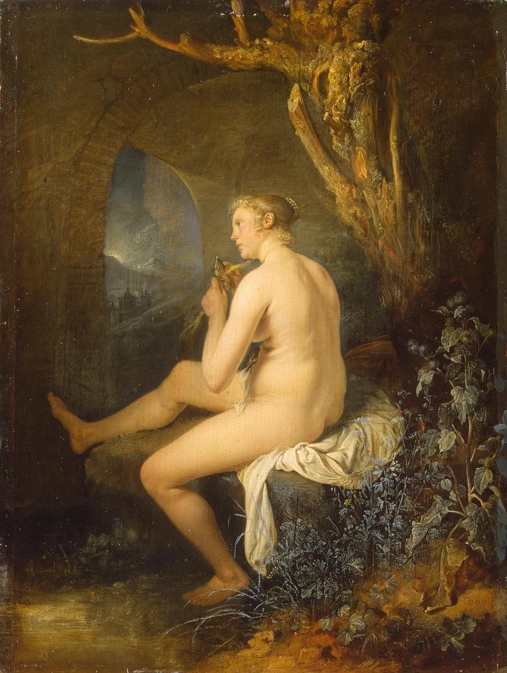 Woman Bather combing her Hair, by Gerrit Dou, oil, 1665
