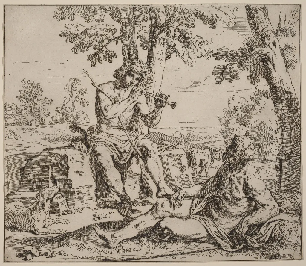 Mercury and Argus, by Simone Cantarini, ink, 1630