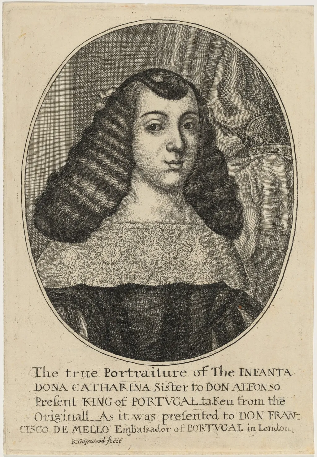 Catherine of Braganza, by Robert Gaywood, ink, 1655