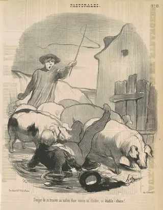 Danger de se trouver au milieu d'une course au clocher, by Honoré Daumier, ink, 1845