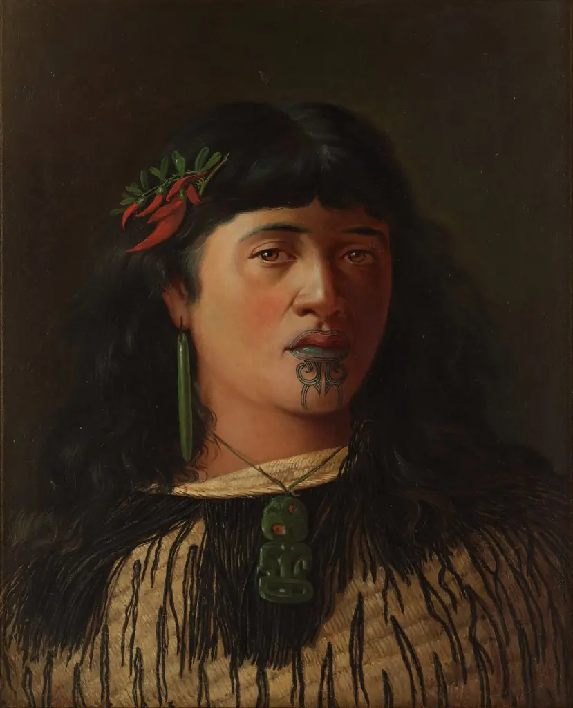 Portrait of a young Maori woman with moko, by Louis John Steele, oil, 1896