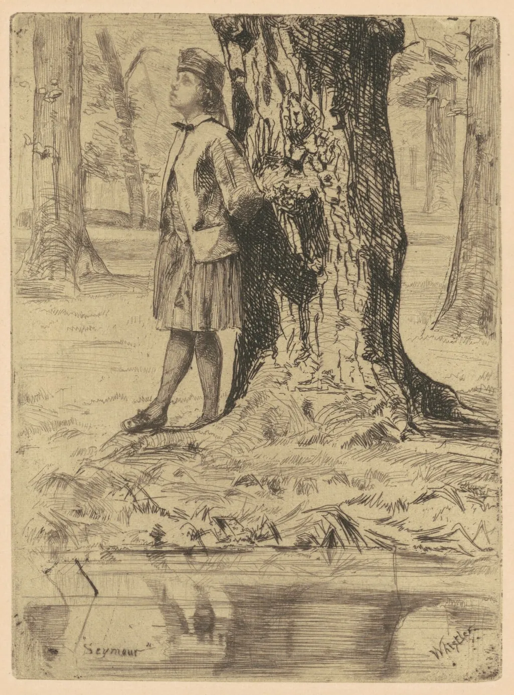 Seymour Standing Under a Tree, by James McNeill Whistler, ink, 1858