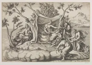 Birth of Diana and Apollo, by Diana Scultori, 1550