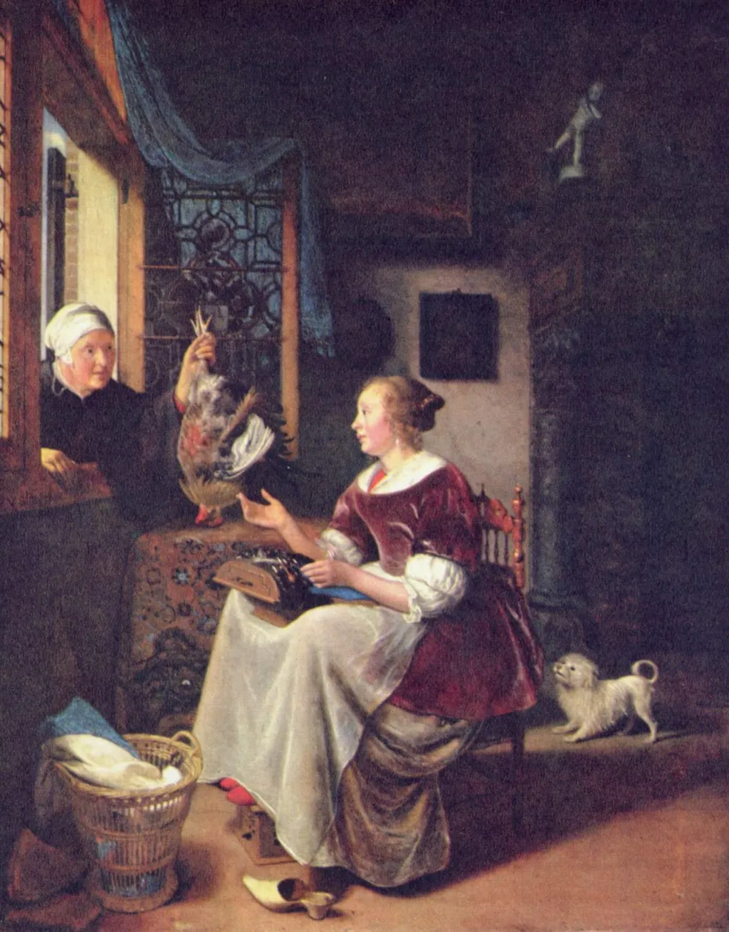 A young lacemaker is interrupted by a birdseller who offers her ware through the window, by Pieter Cornelisz. van Slingelandt, oil, 1672