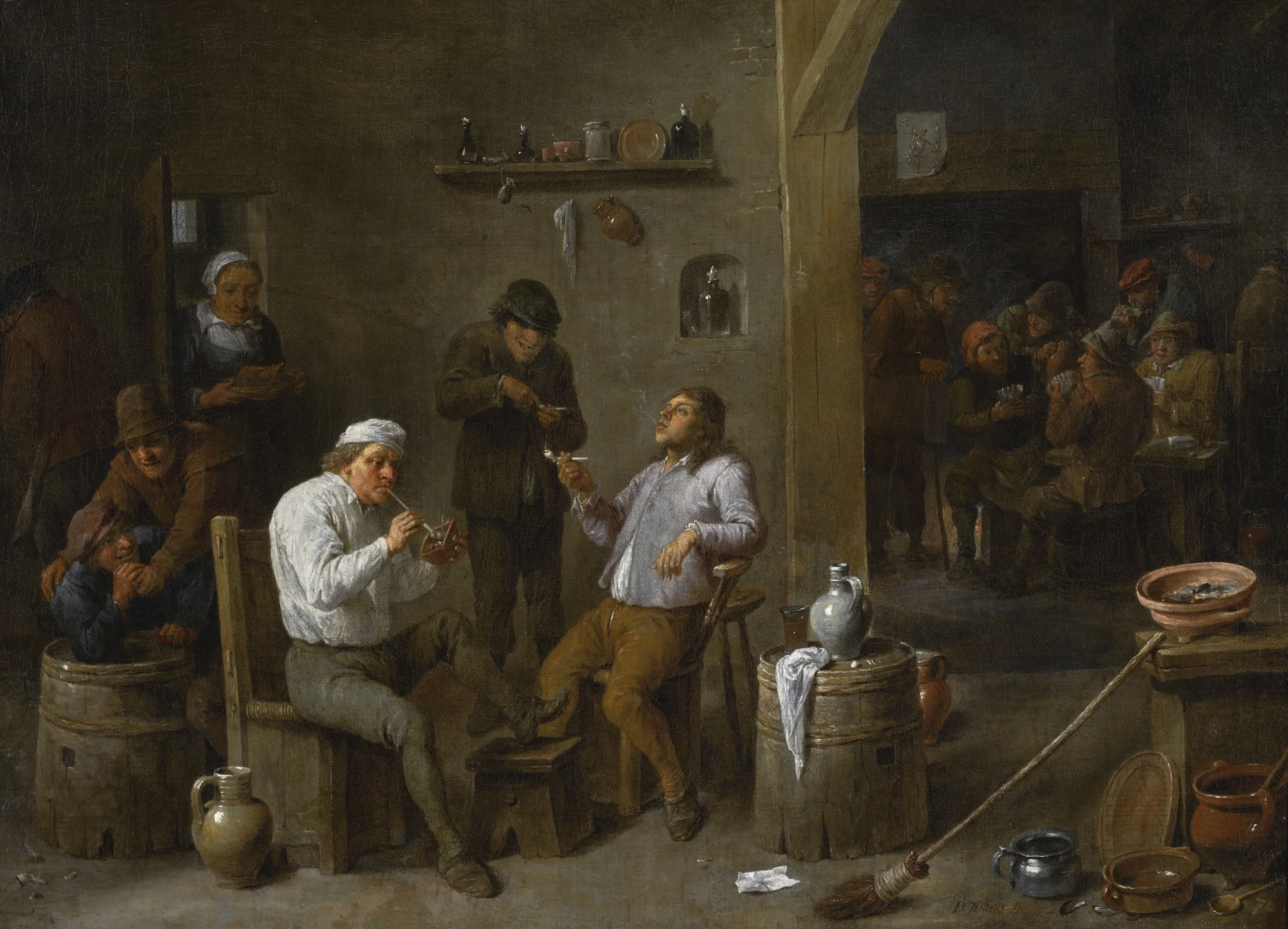 Interior tavern scene with peasants drinking and smoking, detail