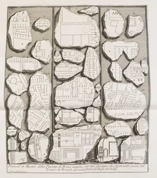 Fragments of the Marble Plan of ancient Rome (from the Severan Marble Plan), by Giovanni Battista Piranesi, 1756