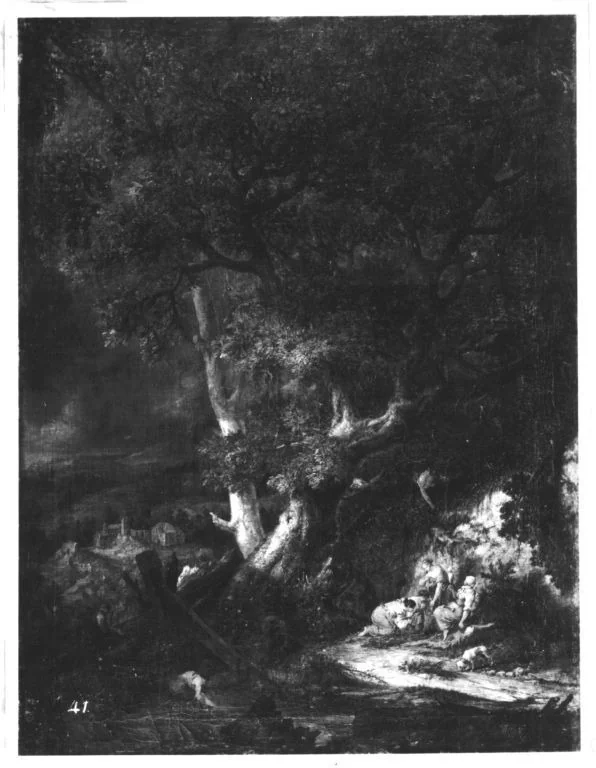 Waldlandschaft mit Personenstaffage und Architektur, detail