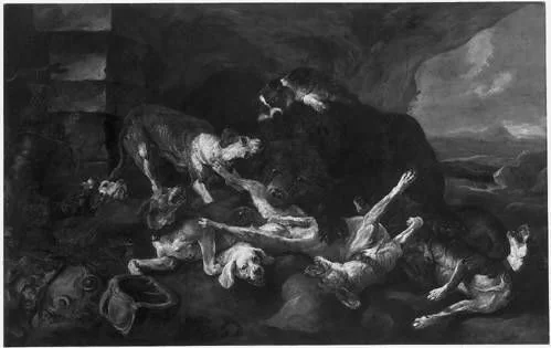 Dogs and a bear fighting, detail