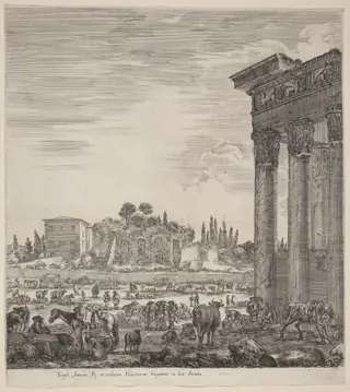 Temple of Antonius and the Campo Vaccino, by Stefano Della Bella, ink, 1656