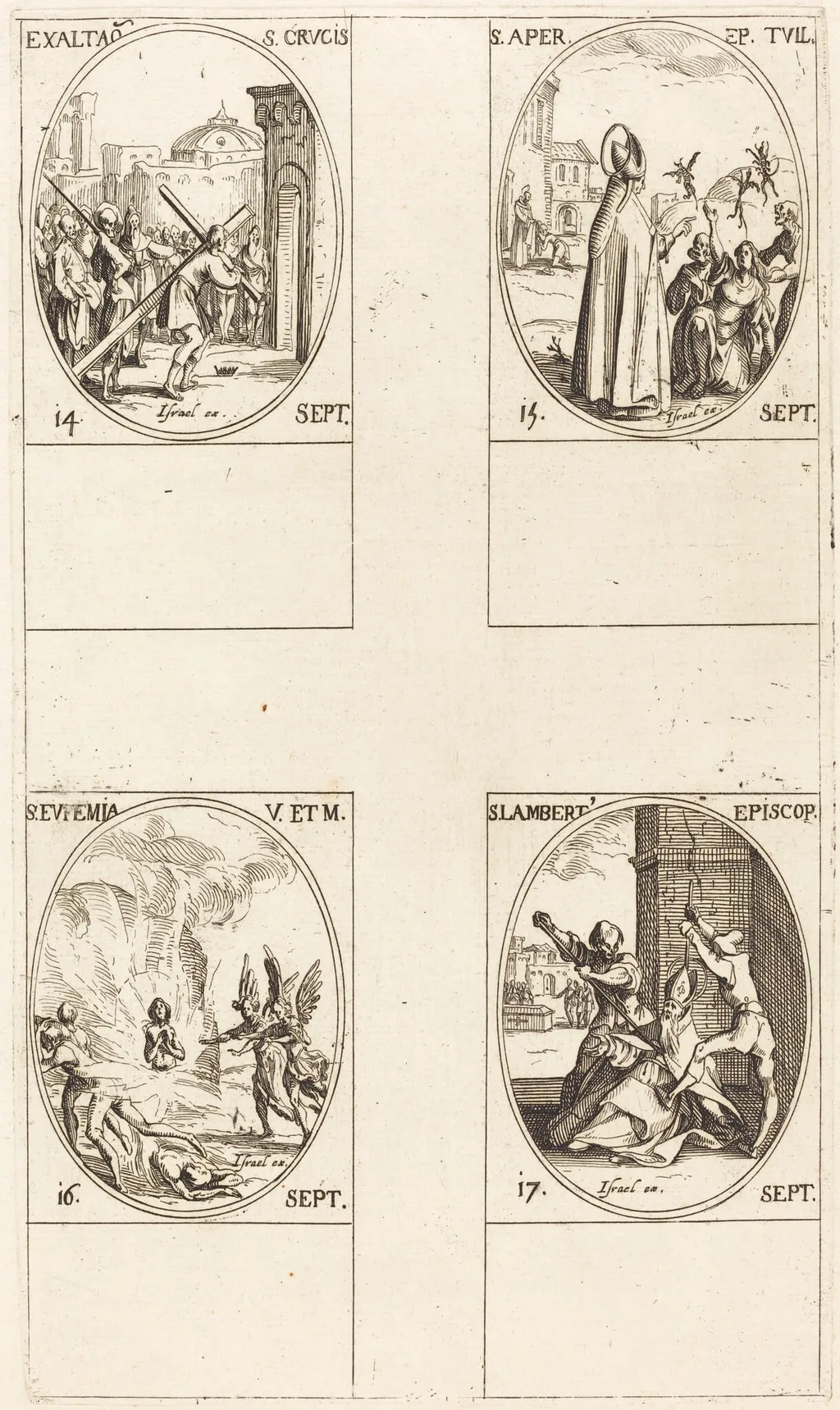 Exaltation of the Holy Cross; St. Aper; St. Euphemia; St. Lambert, by Jacques Callot, ink, 1634
