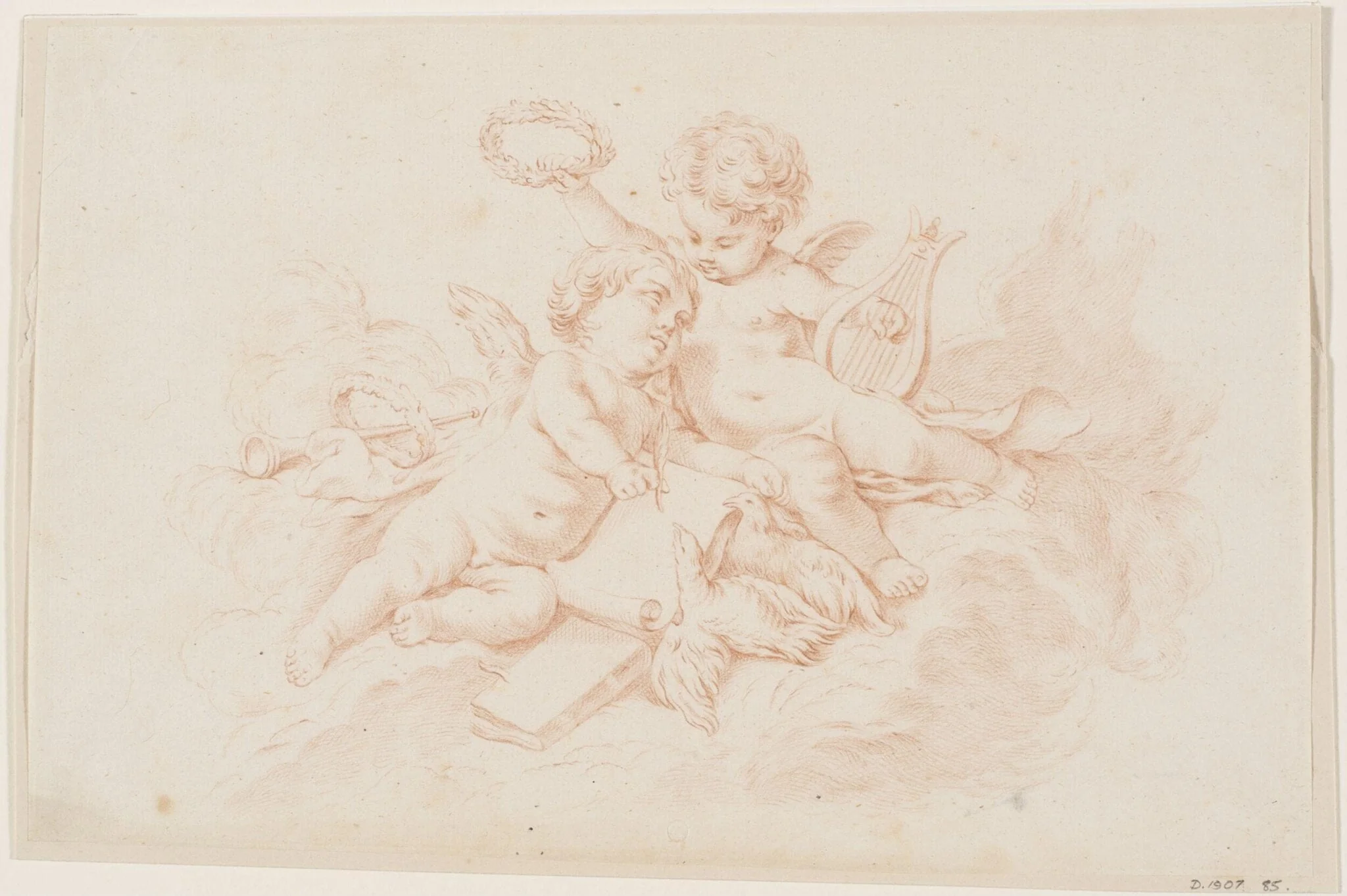 Poetry; two putti in a cloud, detail
