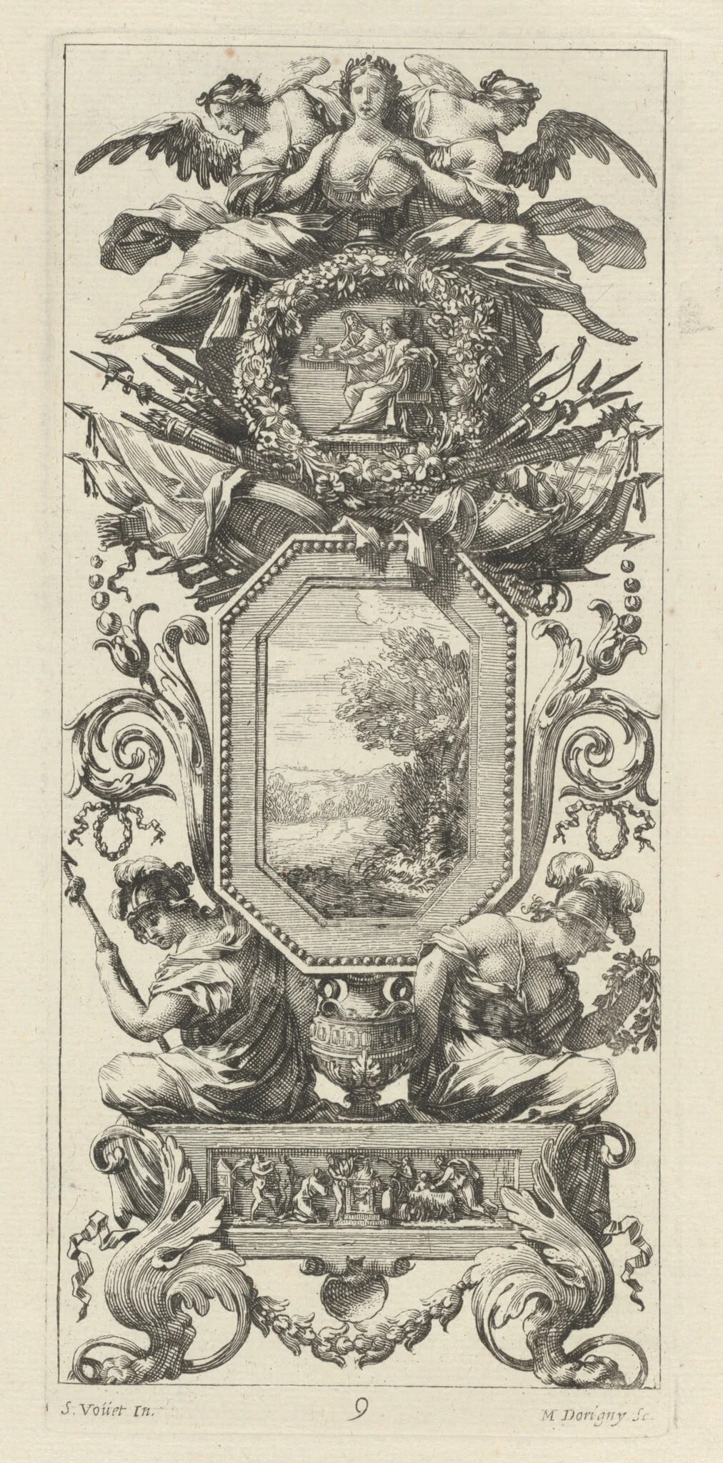 Ornamental Panel Surmounted with Two Figures Leaning on the Bust of a Woman, detail