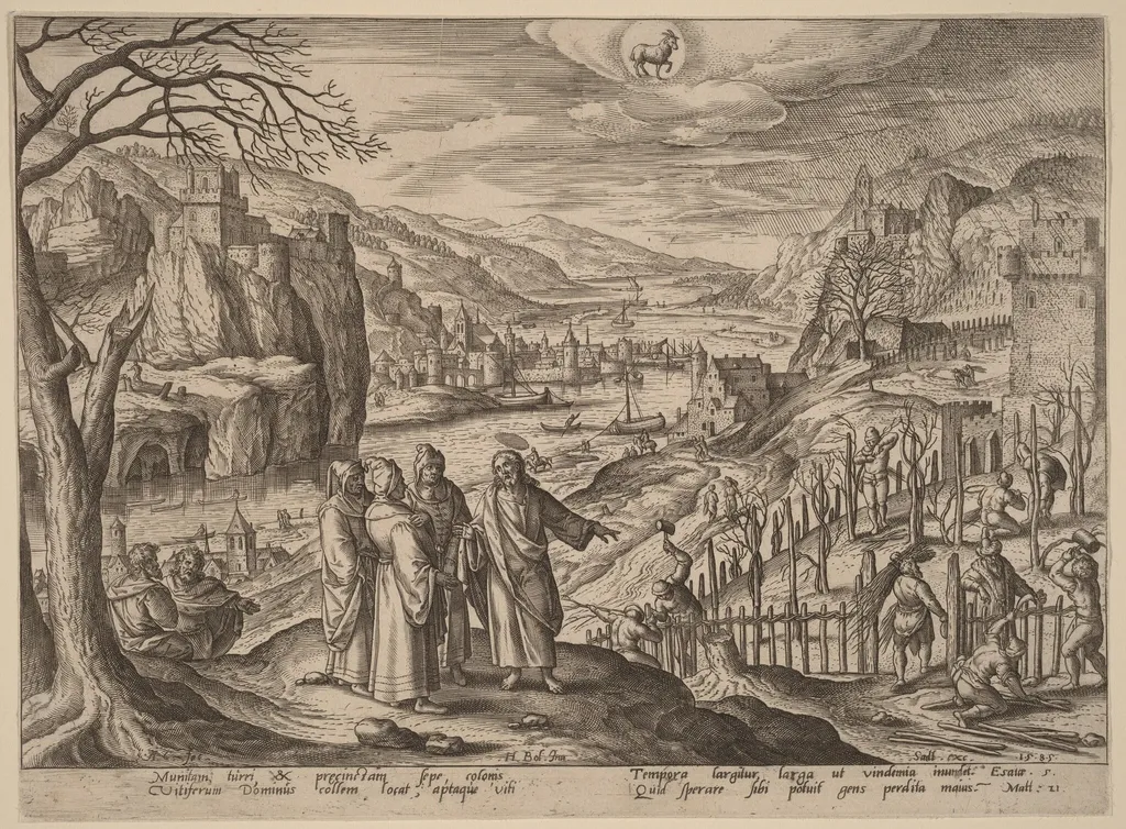 The Parable of the Two Sons and the Unjust Husbandmen, by Adriaen Collaert, ink, 1585