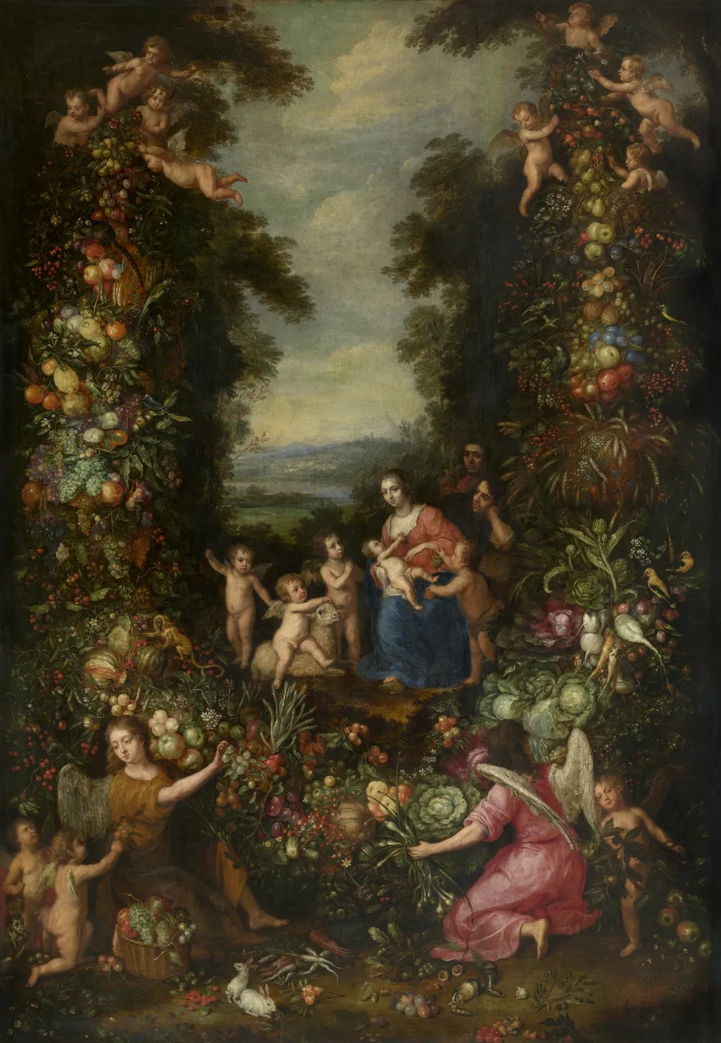 Holy Family in a Garland with Flowers, Vegetables, and Fruit, by Pieter van Avont, oil, 1636