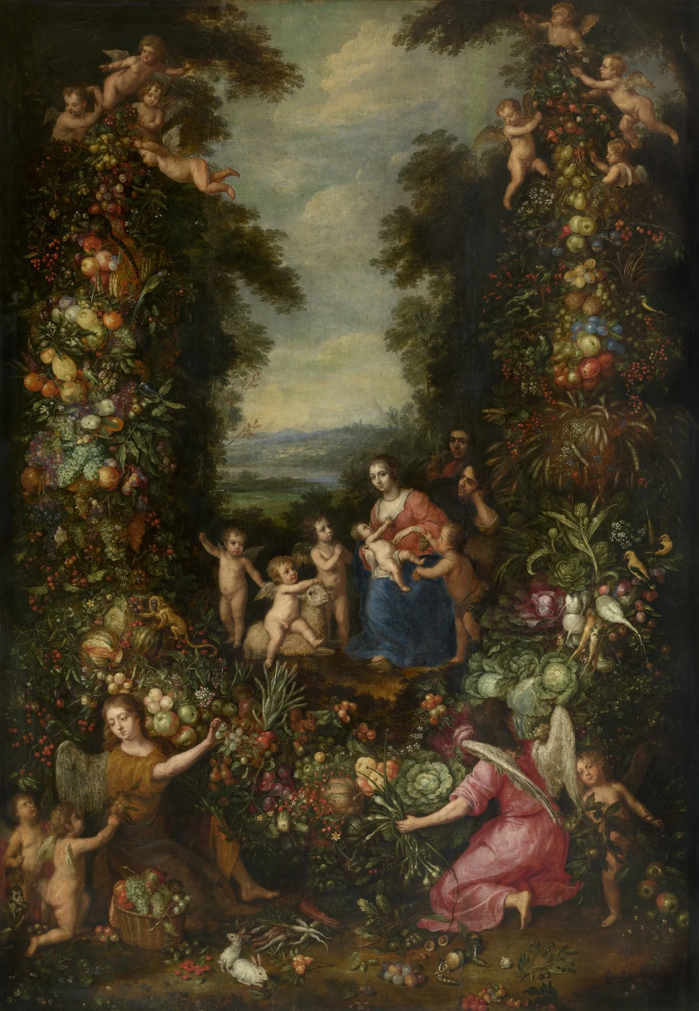 Holy Family in a Garland with Flowers, Vegetables, and Fruit, detail