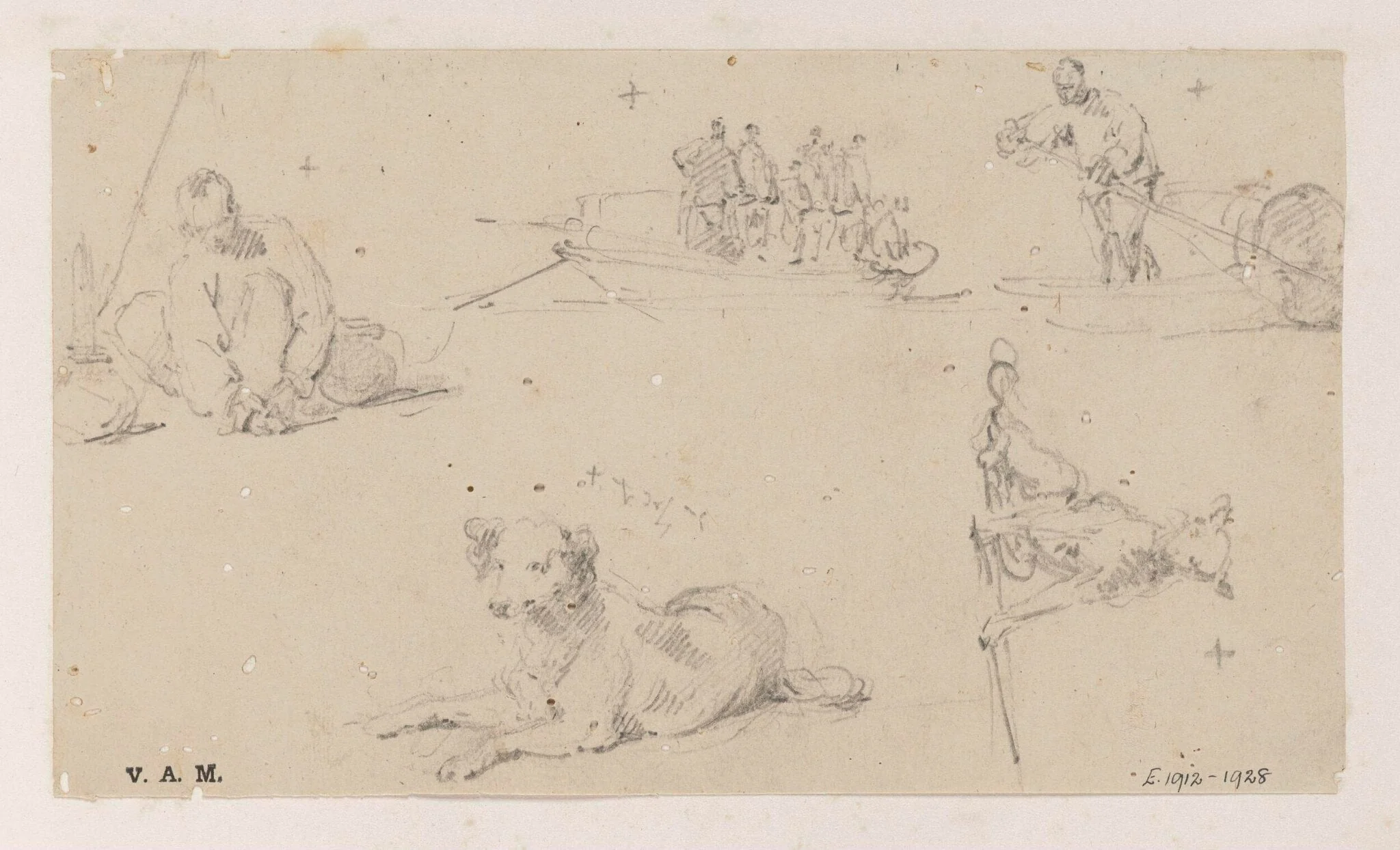 Five drawings of figures and dogs, detail