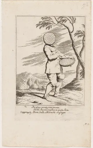 Bertoldo with a Sieve on His Head, by Giuseppe Maria Crespi, ink, 1712