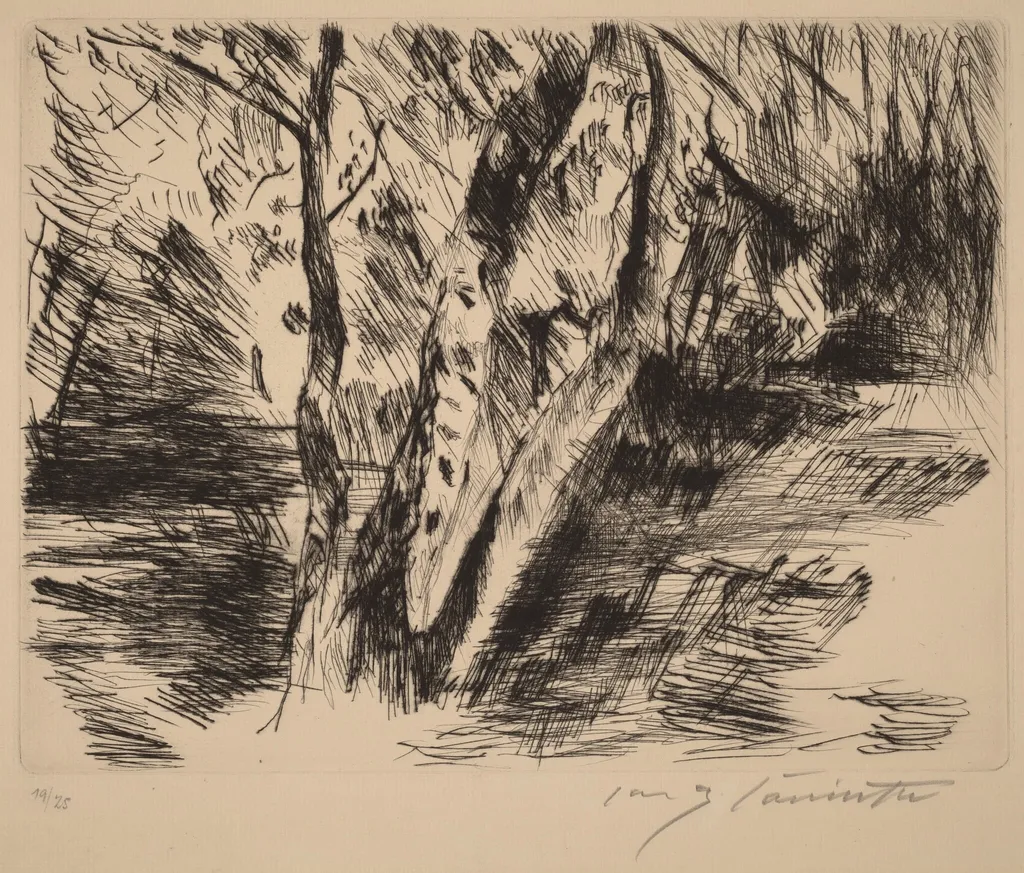 Birkenstämme im Tiergarten (Birch Trees in the Tiergarten), by Lovis Corinth, ink, 1920