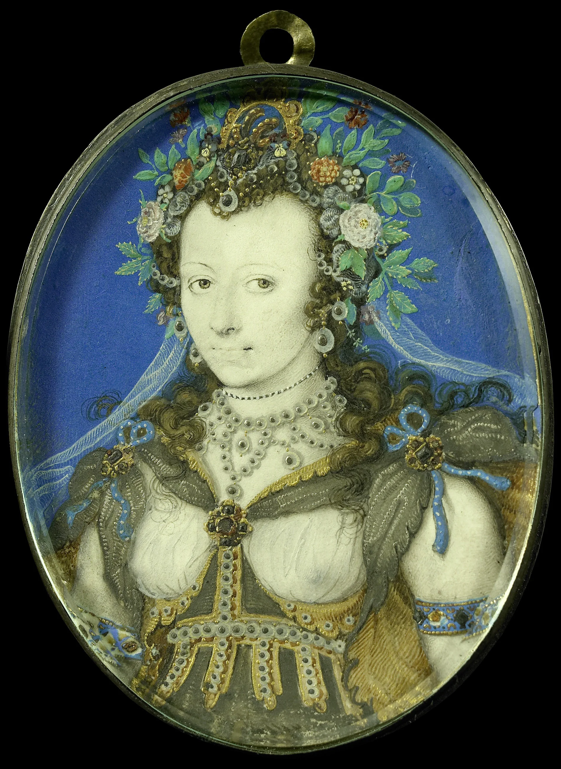 Portret van een vrouw in maskeradekleding als Flora, detail