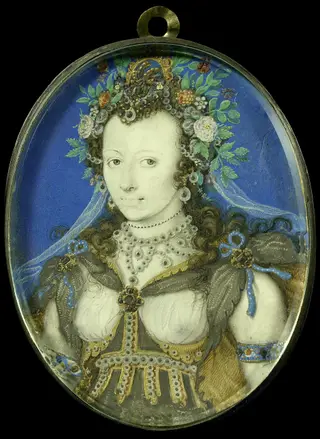 Portret van een vrouw in maskeradekleding als Flora, by Isaac Oliver, unspecified, 1598