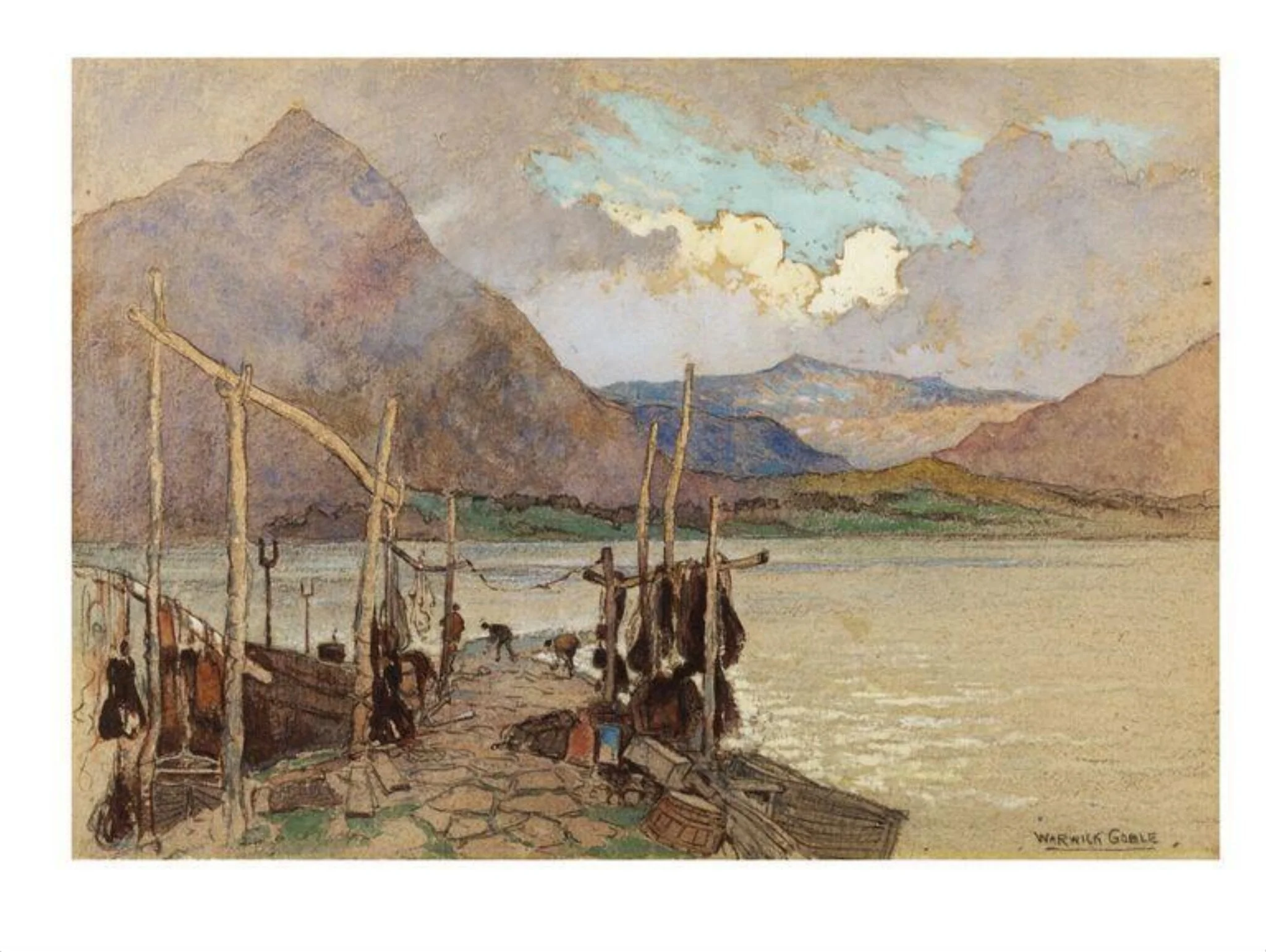Scene with mountains, lake and jetty, detail