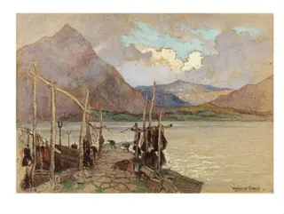 Scene with mountains, lake and jetty, by Warwick Goble, watercolor, 1890