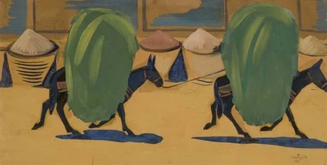 Mules carrying hay, detail