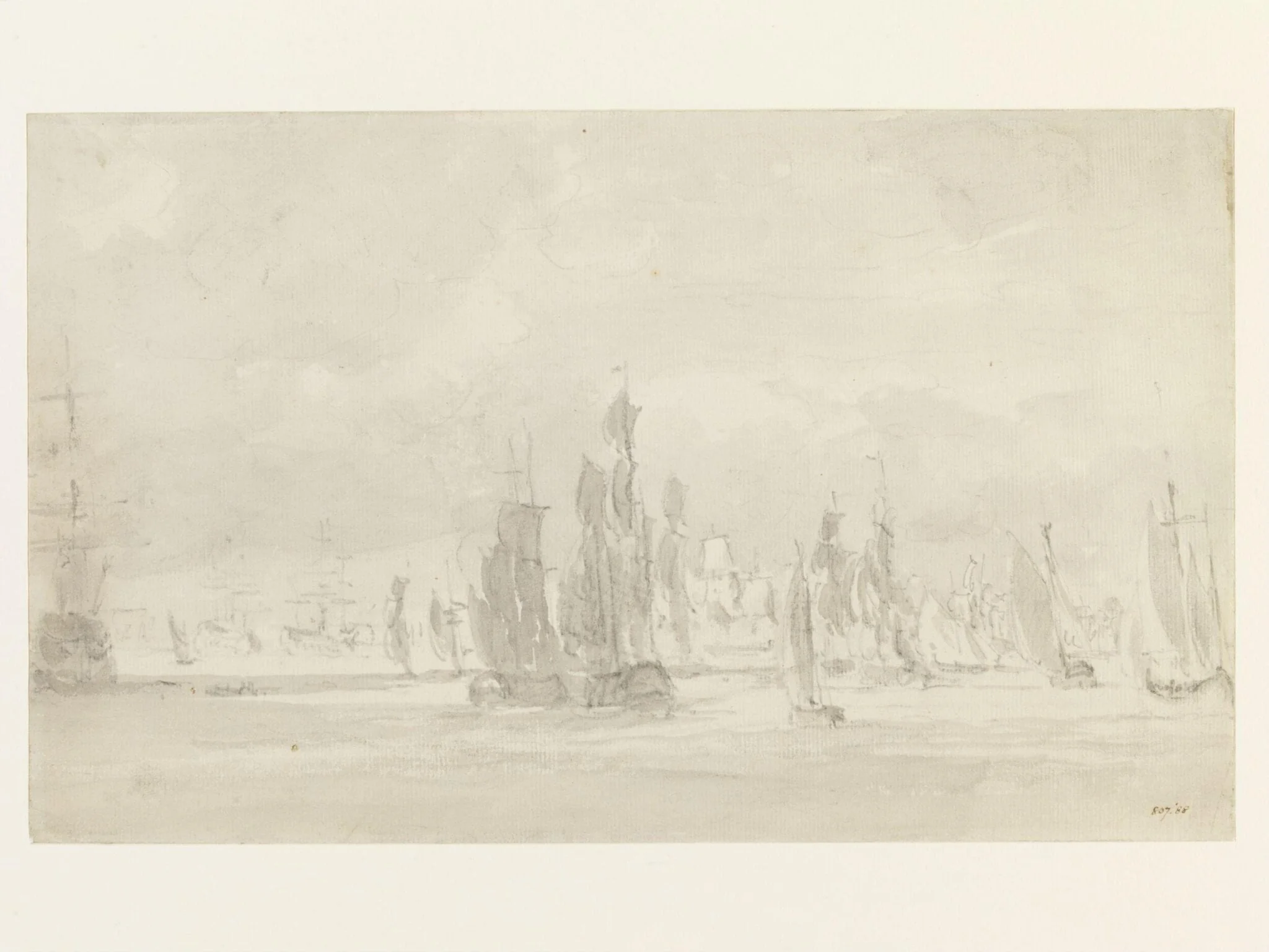 Shipping under a cloudy sky in the Thames, detail
