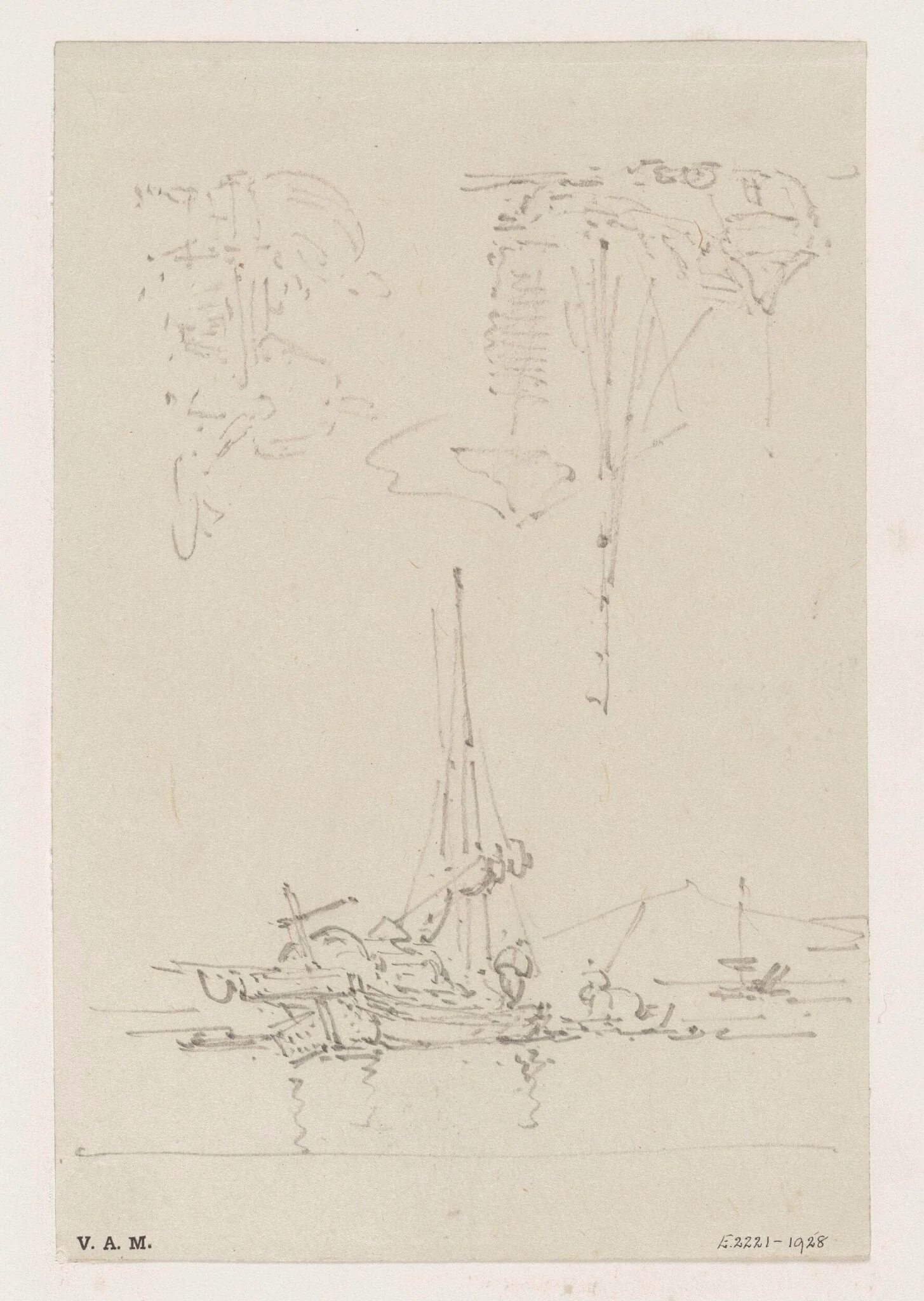 Three sketches of boats and figures, detail