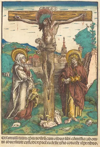 Christ on the Cross Between the Virgin and Saint John, by Lucas Cranach the Elder, ink, 1502