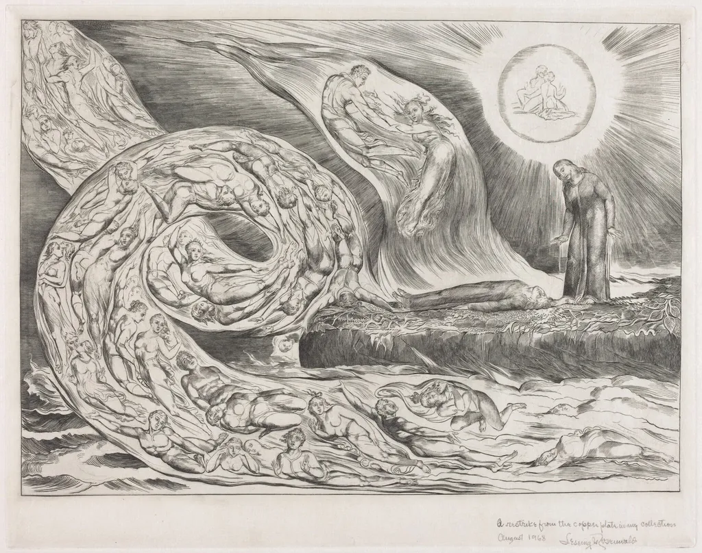 The Circle of the Lustful: Paolo and Francesca, by William Blake, ink, 1827