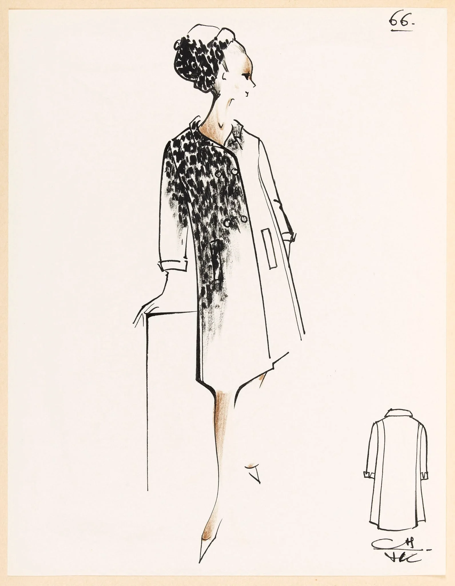 Manteau blanc à motif noir et chapeau assorti, detail