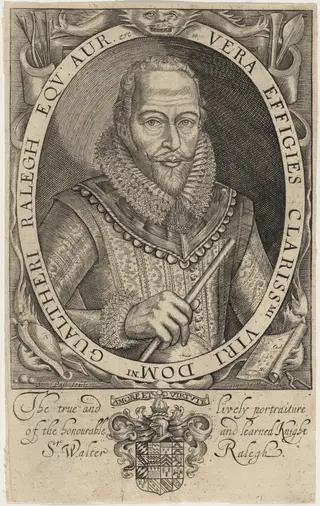 Sir Walter Raleigh, by Simon van de Passe, ink
