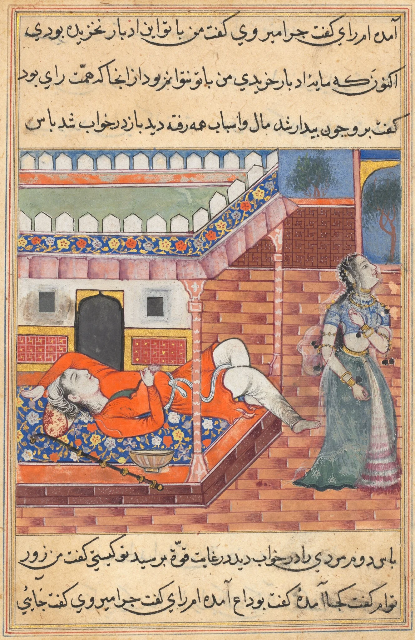 The king dreams of a lady, the personification of wealth, departing from him on account of his purchasing a bowl and a staff from a yogi, from a Tuti-nama (Tales of a Parrot): Thirty-sixth Night, detail